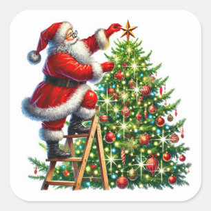 Santa Claus Decorating a Christmas Tree in Winter Square Sticker