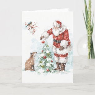 Santa Claus Decorating a Tree with His Woodland Fr Holiday Card