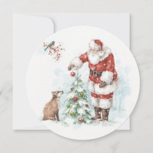 Santa Claus Decorating a Tree with His Woodland Fr Holiday Card