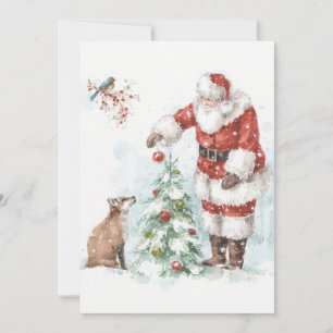 Santa Claus Decorating a Tree with His Woodland Fr Holiday Card