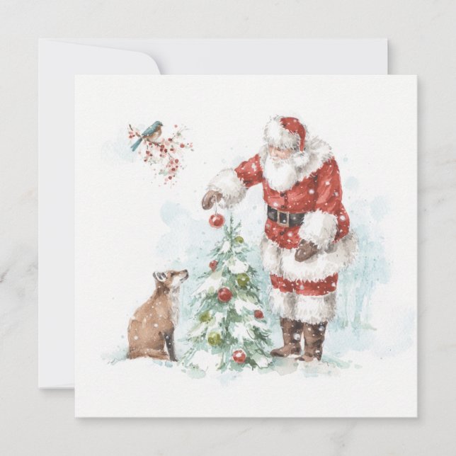 Santa Claus Decorating a Tree with His Woodland Fr Holiday Card (Front)