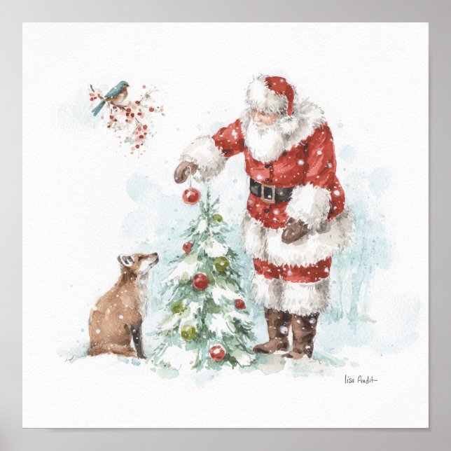 Santa Claus Decorating a Tree with His Woodland Fr Poster (Front)
