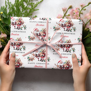 Santa Claus Deer Happy Christmas Personalised Name Wrapping Paper