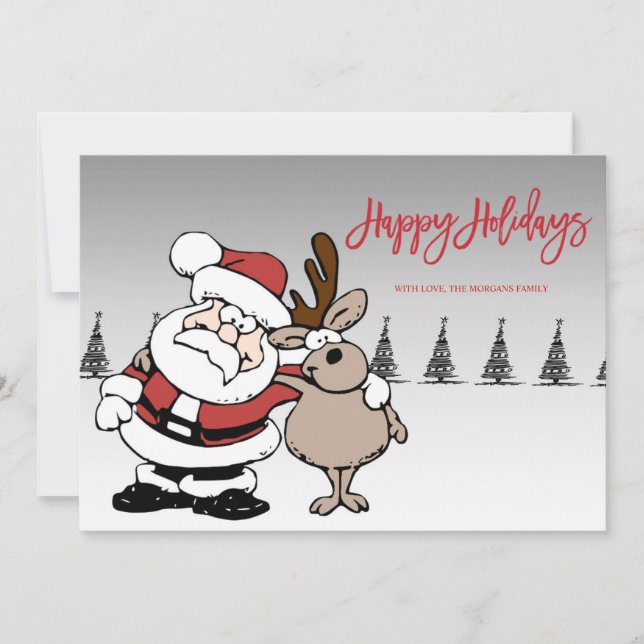 Santa Claus,Deer,Pine Trees,Happy Holidays Photo (Front)