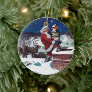 Santa Claus Delivering Christmas Books Ceramic Tree Decoration