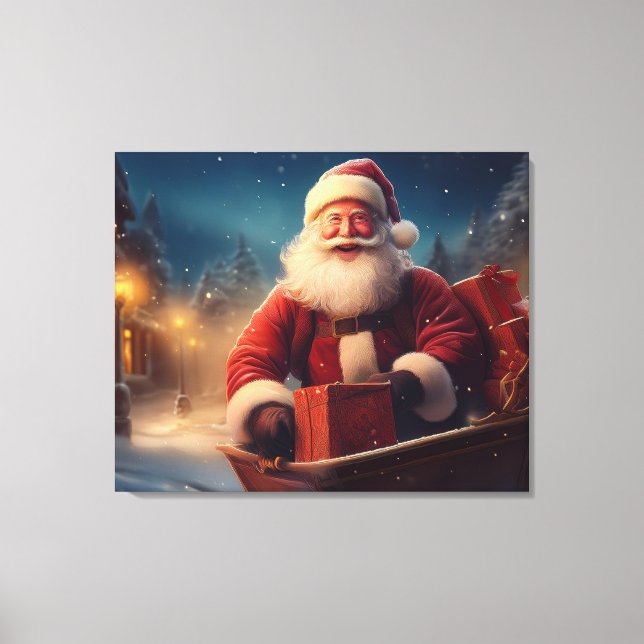 Santa claus delivering christmas gifts from sleigh canvas print (Front)