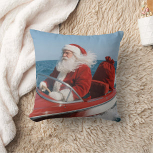 Santa Claus Delivering Gifts By Speedboat Cushion
