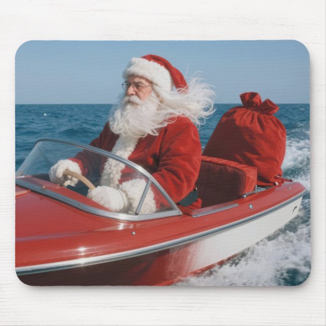 Santa Claus Delivering Gifts By Speedboat Mouse Mat (Front)