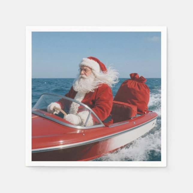 Santa Claus Delivering Gifts By Speedboat Napkin (Front)