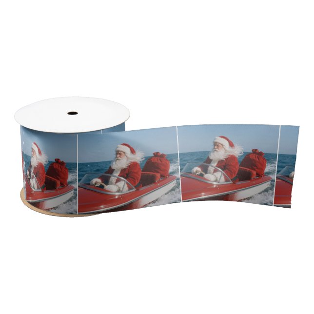 Santa Claus Delivering Gifts By Speedboat Satin Ribbon (Spool)