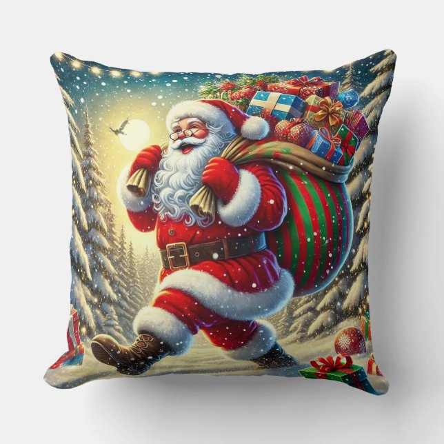 Santa Claus Delivering Gifts in a Snowy Christmas  Cushion (Front)