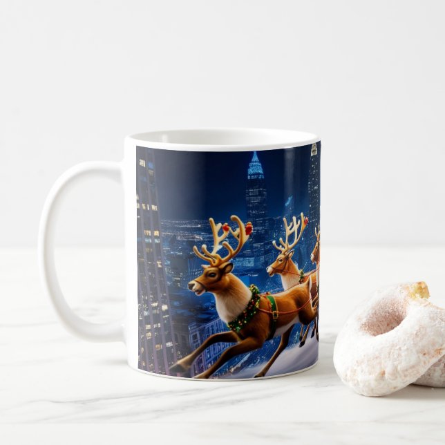 Santa Claus delivering gifts on Christmas Eve Coffee Mug (With Donut)