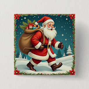 Santa Claus Delivering Gifts Through Snowy Forest 15 Cm Square Badge