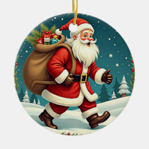 Santa Claus Delivering Gifts Through Snowy Forest Ceramic Tree Decoration