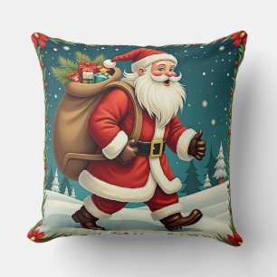 Santa Claus Delivering Gifts Through Snowy Forest Cushion