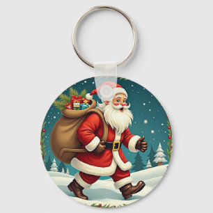 Santa Claus Delivering Gifts Through Snowy Forest Key Ring
