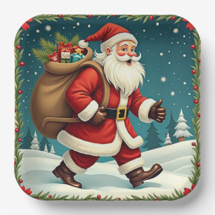 Santa Claus Delivering Gifts Through Snowy Forest Paper Plate