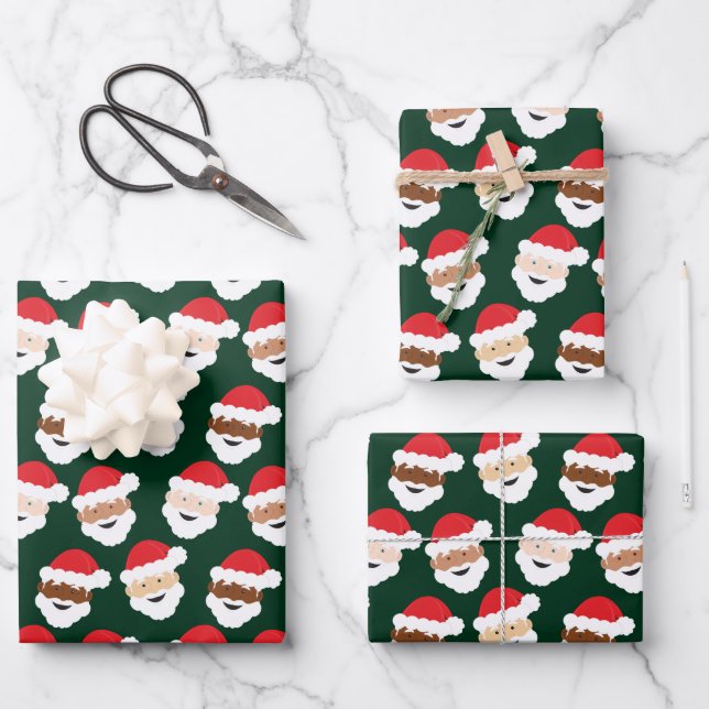 Santa Claus Diverse Red Green Skin Tone Christmas Wrapping Paper Sheet (Front)