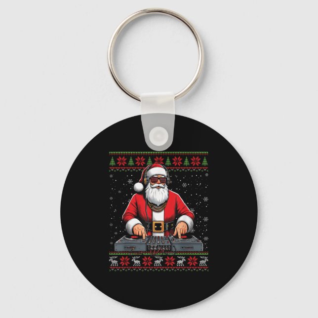 Santa Claus Dj Mixer Music Ugly Christmas Sweater  Key Ring (Front)