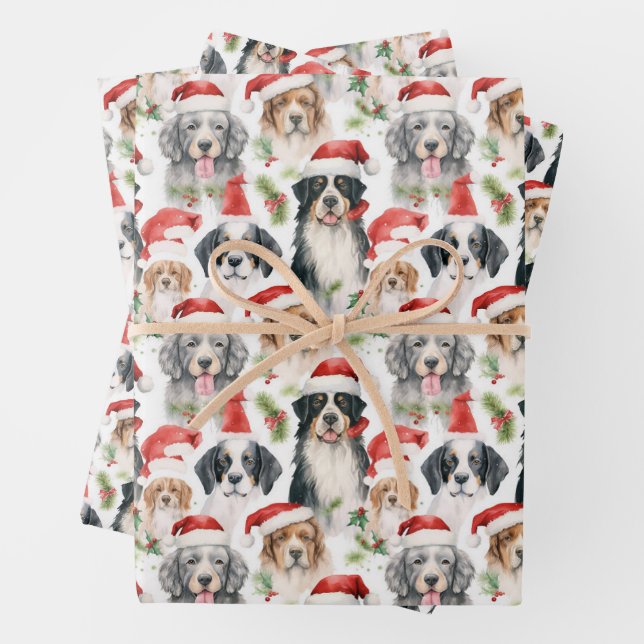 Santa Claus Dogs Pattern Christmas Wrapping Paper Sheet (In situ)