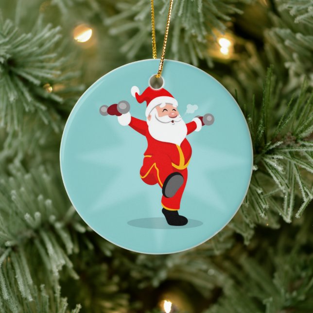 Santa Claus doing fitness exercises Ceramic Tree Decoration (Tree)