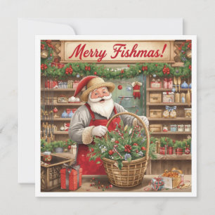 Santa Claus doing gift basket is Fishing Shop Holiday Card