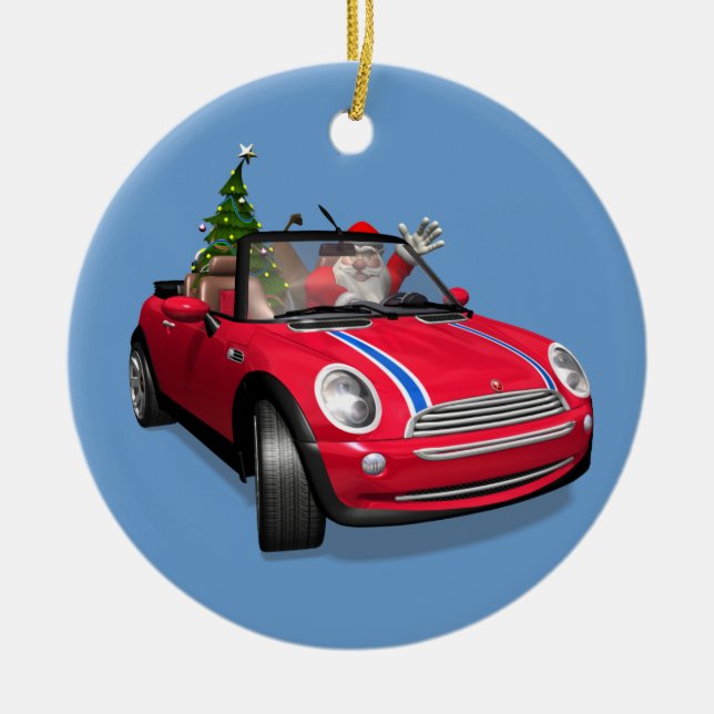 Santa Claus Driving A Mini Ceramic Tree Decoration (Front)