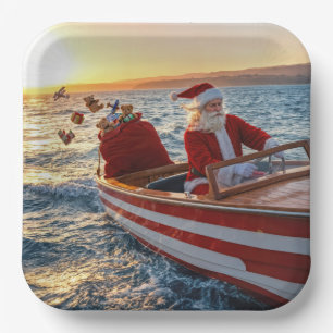 Santa Claus Driving a Speedboat Paper Plate