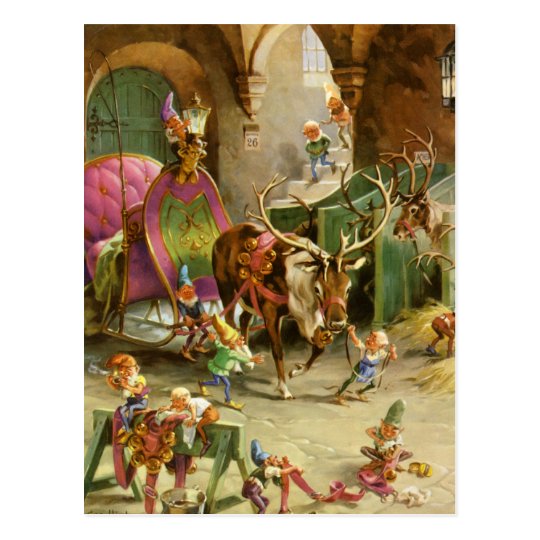Santa Claus' Elves In HIs North Pole Workshop Postcard