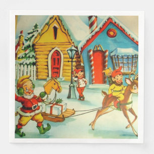 Santa Claus Elves Vintage Christmas Illustration N Napkin