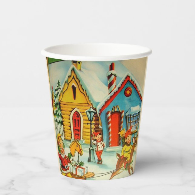 Santa Claus Elves Vintage Christmas Illustration Paper Cups (Front)