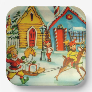 Santa Claus Elves Vintage Christmas North Pole Paper Plate