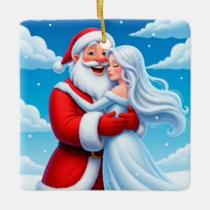 Santa Claus Embracing a Snow Queen Ceramic Ornament