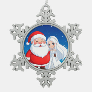 Santa Claus Embracing a Snow Queen Snowflake Pewter Christmas Ornament