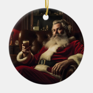 Santa Claus Enjoying a Festive Drink Ceramic Tree Decoration