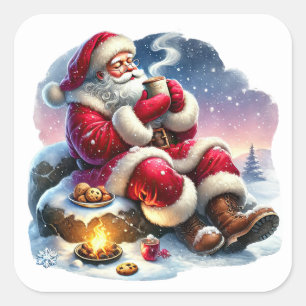 Santa Claus Enjoying a Warm Drink by the Fire Square Sticker
