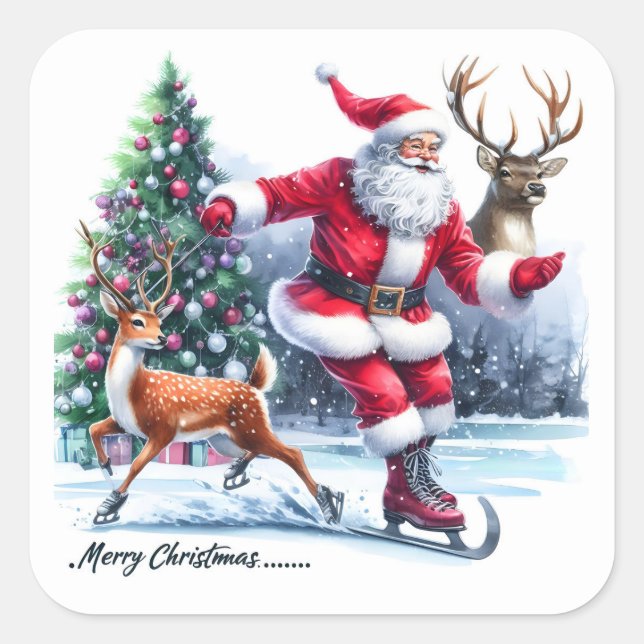 Santa Claus Enjoys Ice Skating With a Reindeer Square Sticker (Front)