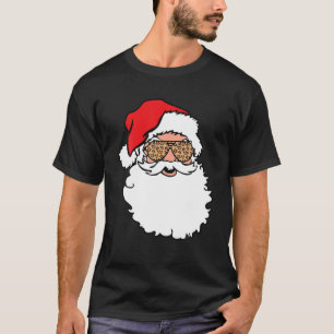 Santa Claus Face Leopard Print Sunglasses T-Shirt