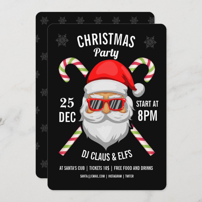 Santa claus face sunglasses sweet cane invitation (Front/Back)