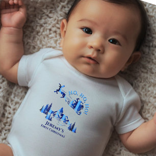 Santa Claus First Christmas Blue Add Name Baby Bodysuit