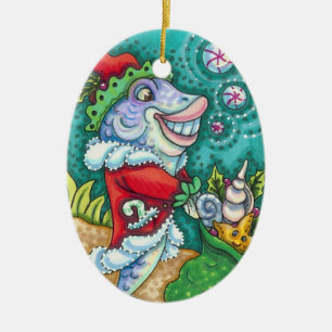 SANTA CLAUS FISH TALES, STARFISH, BAG OF SEASHELLS CERAMIC TREE DECORATION