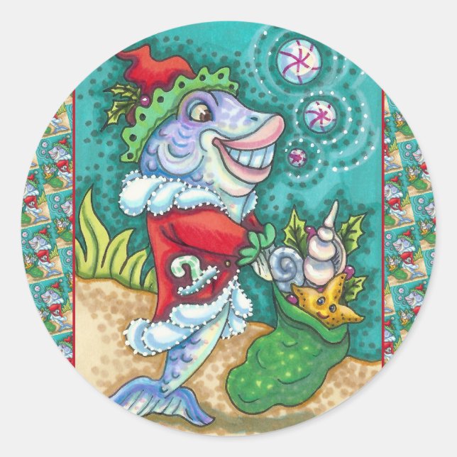 SANTA CLAUS FISH TALES, STARFISH, BAG OF SEASHELLS CLASSIC ROUND STICKER (Front)