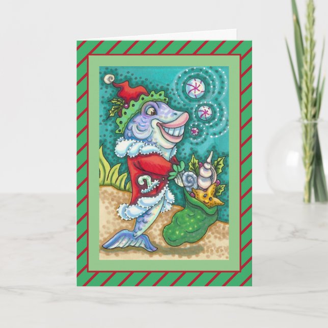 SANTA CLAUS FISH TALES, STARFISH, BAG OF SEASHELLS HOLIDAY CARD (Front)