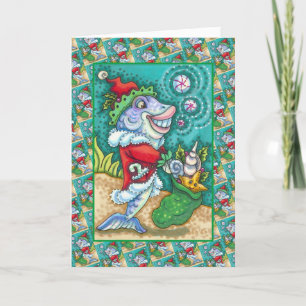 SANTA CLAUS FISH TALES, STARFISH, BAG OF SEASHELLS HOLIDAY CARD