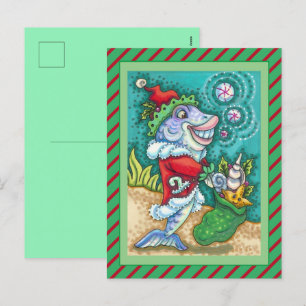 SANTA CLAUS FISH TALES, STARFISH, BAG OF SEASHELLS HOLIDAY POSTCARD