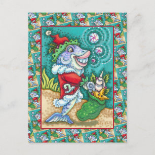 SANTA CLAUS FISH TALES, STARFISH, BAG OF SEASHELLS HOLIDAY POSTCARD