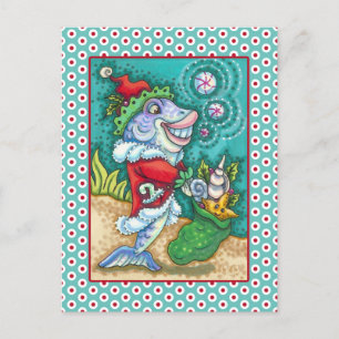 SANTA CLAUS FISH TALES, STARFISH, BAG OF SEASHELLS HOLIDAY POSTCARD