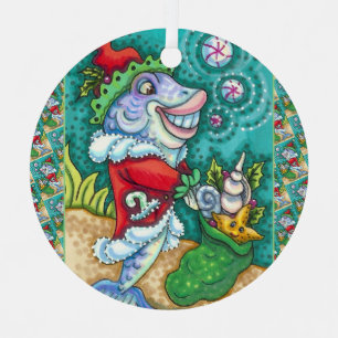 SANTA CLAUS FISH TALES, STARFISH, BAG OF SEASHELLS METAL TREE DECORATION