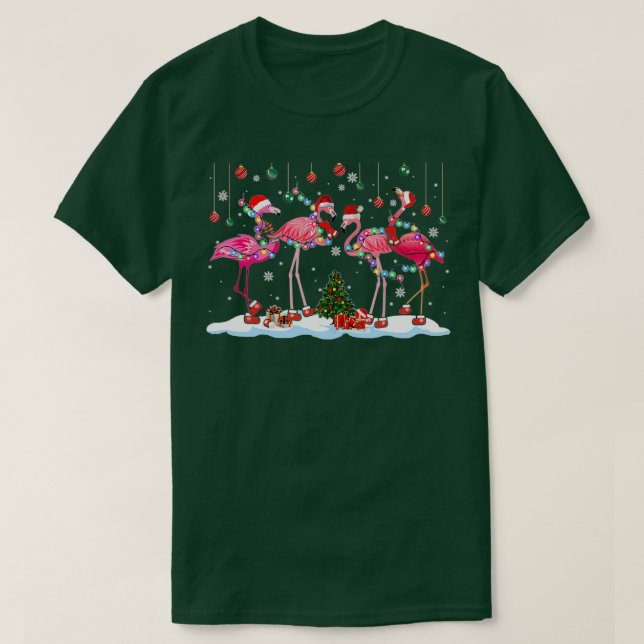 Santa Claus Flamingo Christmas Tree Lights T-Shirt (Design Front)
