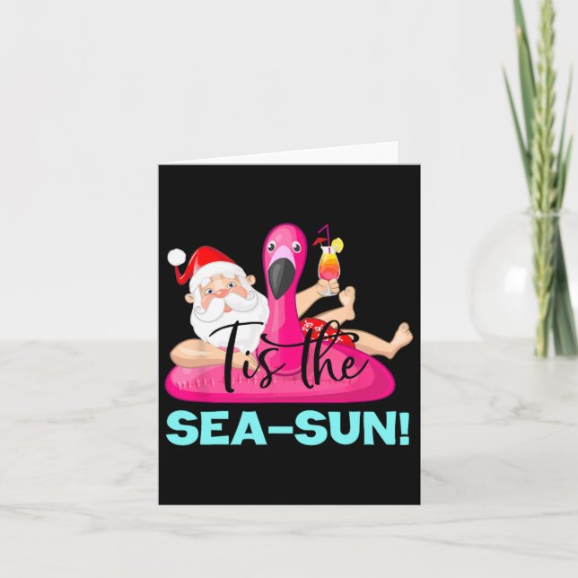 Santa Claus Flamingo Float Tis The Sea-sun Christm Card (Front)